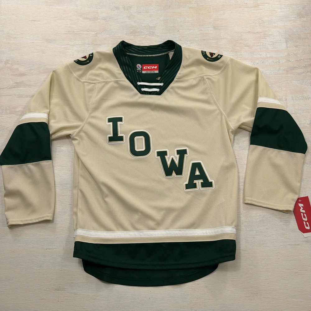 CCM Hockey Jersey Iowa Wild AHL Small NWT Lace Up V-Neck Cream Green Mens